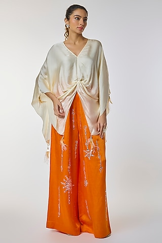 Saffron Blended Linen Trousers by Dilnaz Karbhary