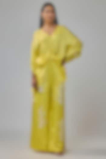 Lemon Yellow Blended Satin Kaftan by Dilnaz Karbhary at Pernia's Pop Up Shop