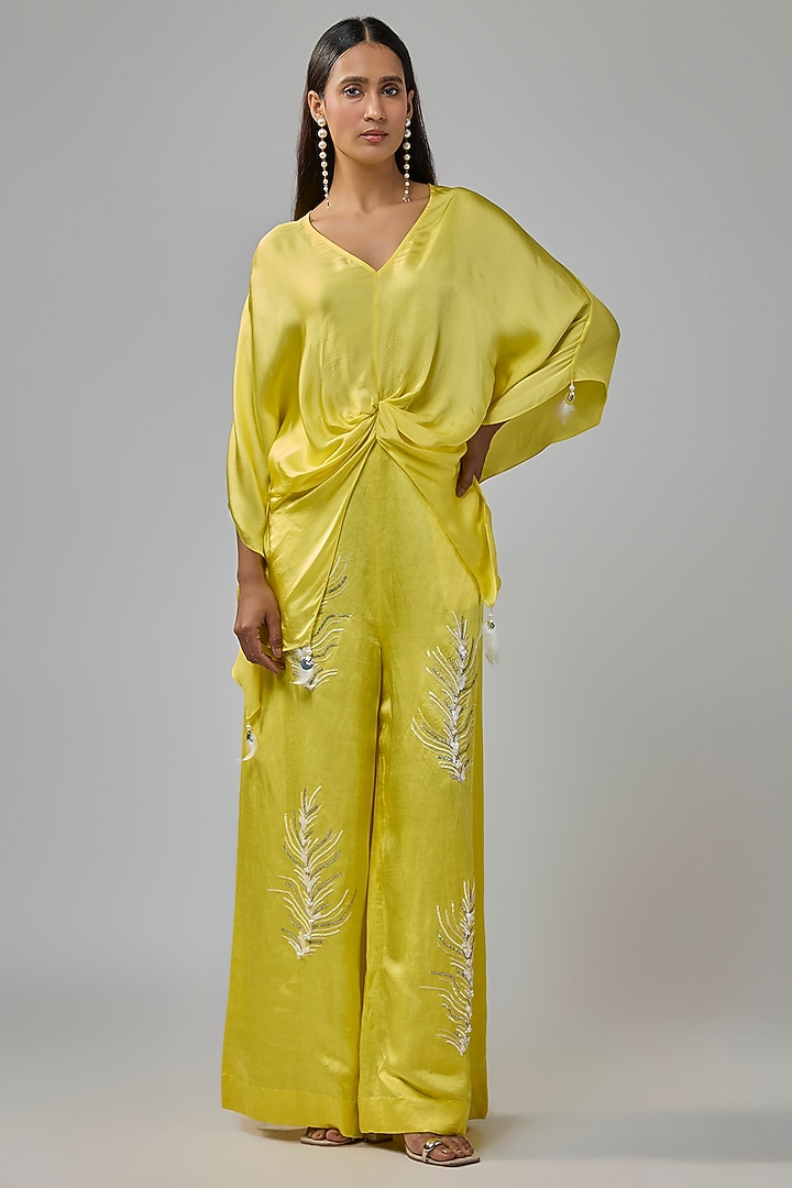 Lemon Yellow Blended Satin Kaftan by Dilnaz Karbhary at Pernia's Pop Up Shop