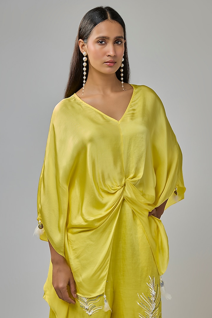 Lemon Yellow Blended Satin Kaftan by Dilnaz Karbhary at Pernia's Pop Up Shop