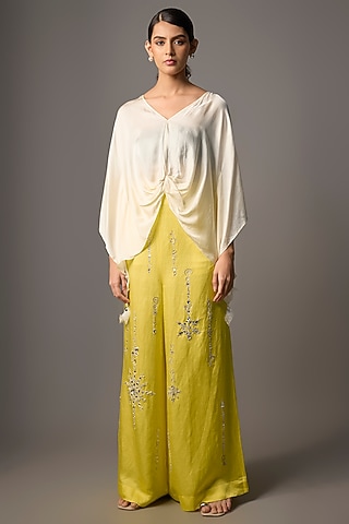 Lemon Yellow Blended Linen Trousers by Dilnaz Karbhary