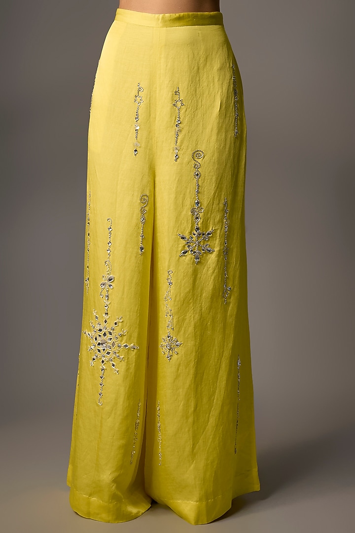 Lemon Yellow Blended Linen Trousers by Dilnaz Karbhary at Pernia's Pop Up Shop