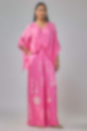 Pop Pink Blended Satin Pearl Embroidered Kaftan by Dilnaz Karbhary at Pernia's Pop Up Shop