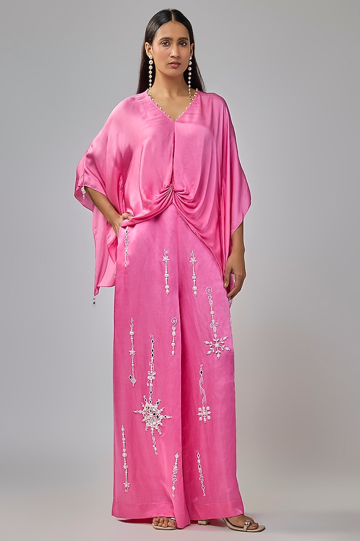 Pop Pink Blended Satin Pearl Embroidered Kaftan by Dilnaz Karbhary at Pernia's Pop Up Shop