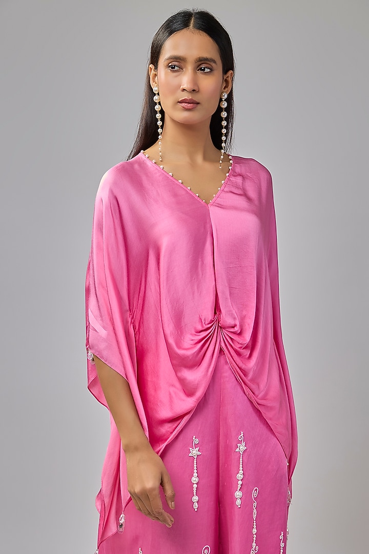 Pop Pink Blended Satin Pearl Embroidered Kaftan by Dilnaz Karbhary at Pernia's Pop Up Shop