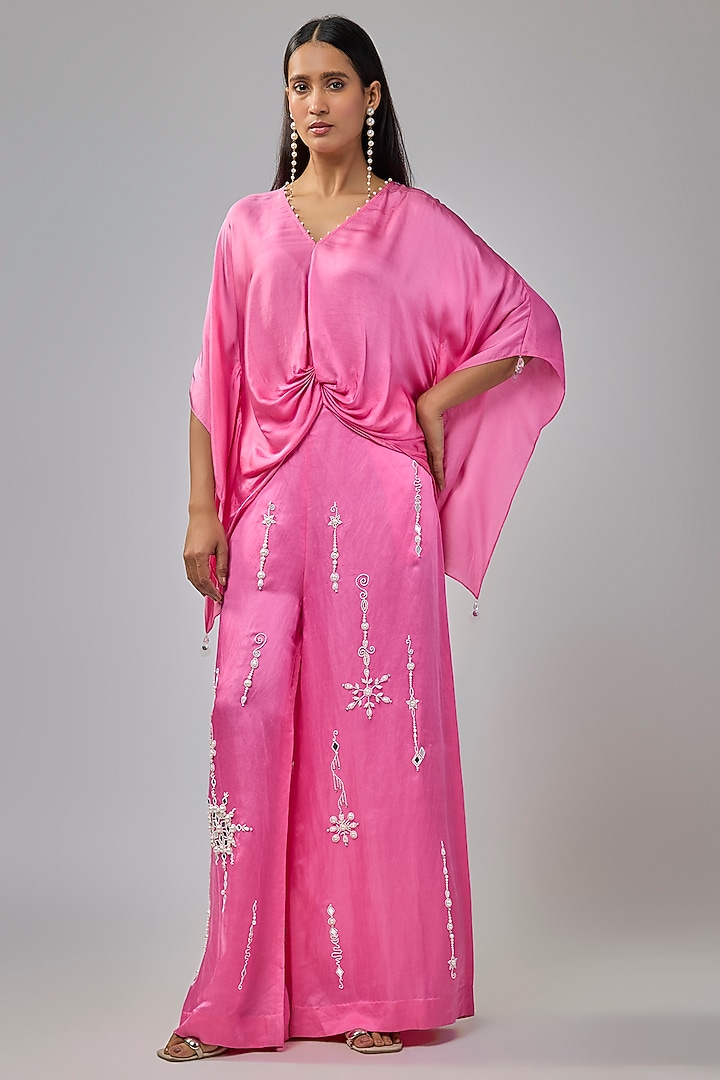 Pop Pink Blended Satin Trousers by Dilnaz Karbhary at Pernia's Pop Up Shop
