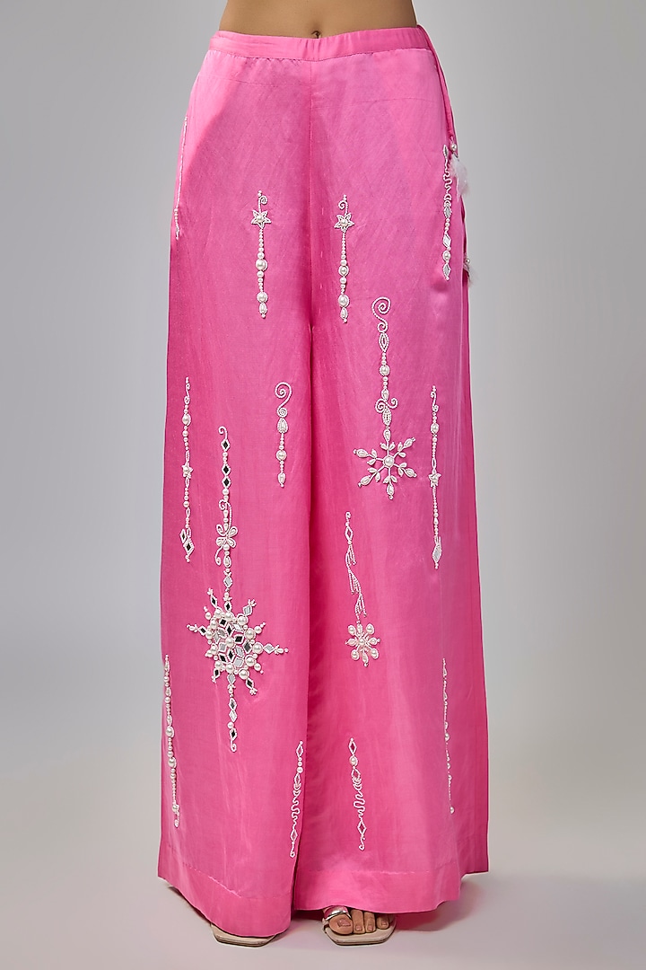 Pop Pink Blended Satin Trousers by Dilnaz Karbhary at Pernia's Pop Up Shop