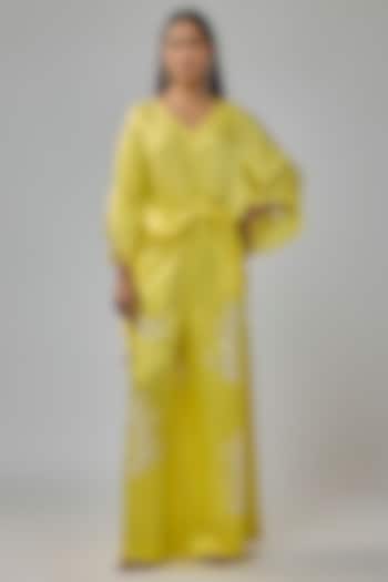 Lemon Yellow Blended Satin Sequin Embroidered Trousers by Dilnaz Karbhary at Pernia's Pop Up Shop