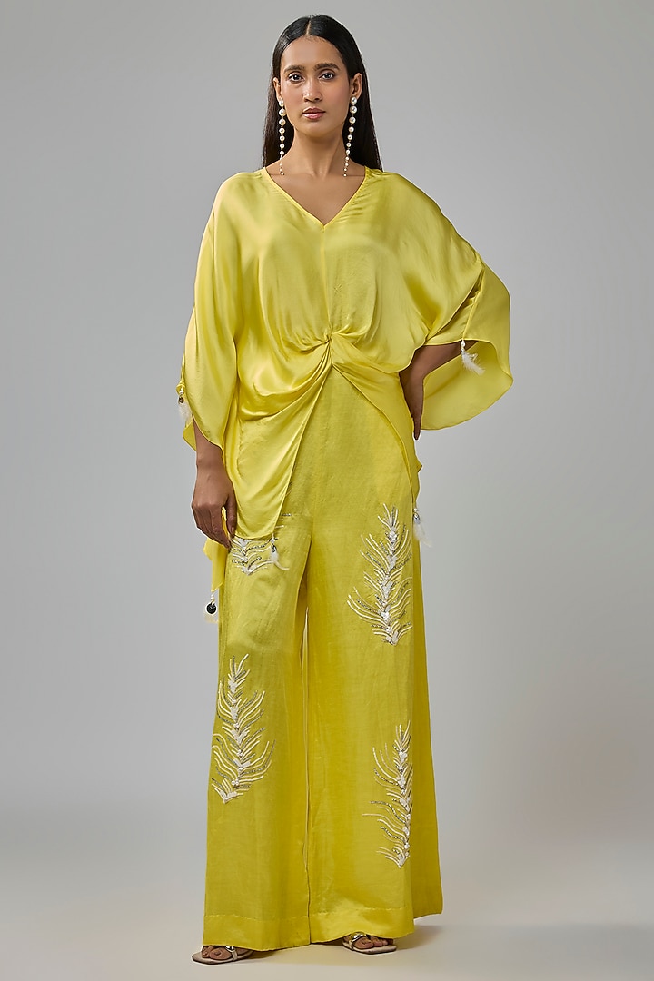 Lemon Yellow Blended Satin Sequin Embroidered Trousers by Dilnaz Karbhary at Pernia's Pop Up Shop
