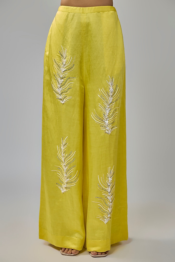 Lemon Yellow Blended Satin Sequin Embroidered Trousers by Dilnaz Karbhary at Pernia's Pop Up Shop