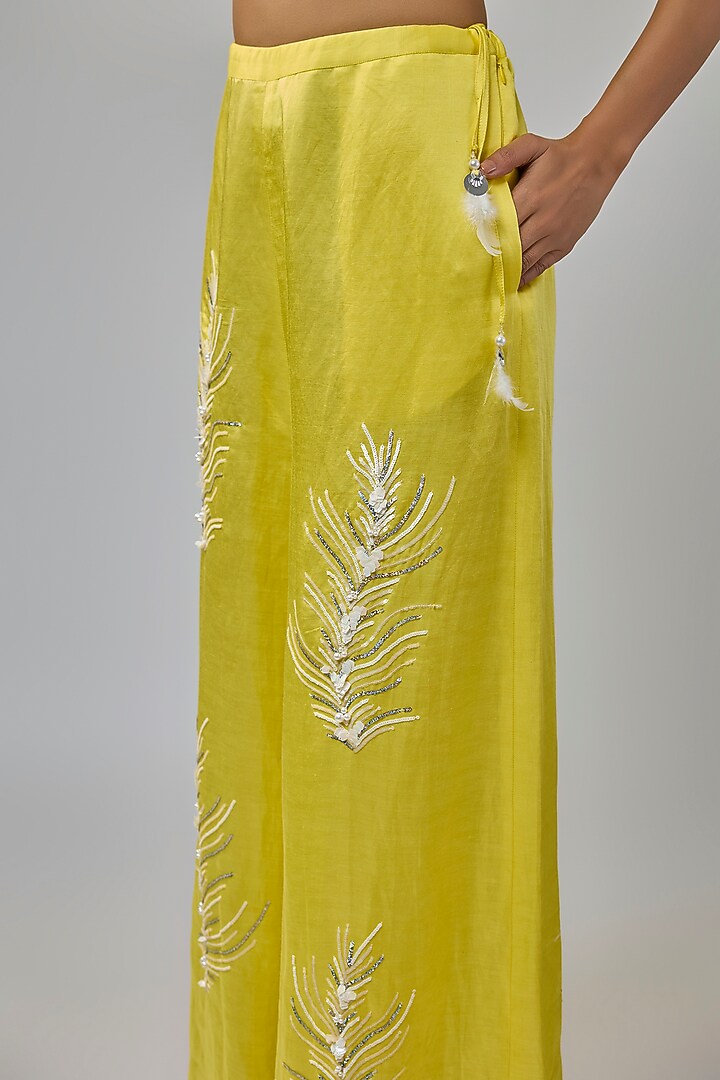 Lemon Yellow Blended Satin Sequin Embroidered Trousers by Dilnaz Karbhary at Pernia's Pop Up Shop