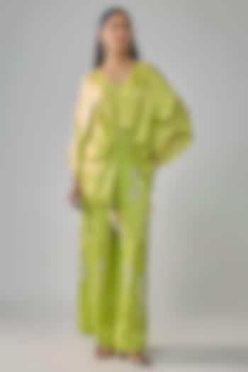 Lime Green Blended Satin Kaftan by Dilnaz Karbhary at Pernia's Pop Up Shop