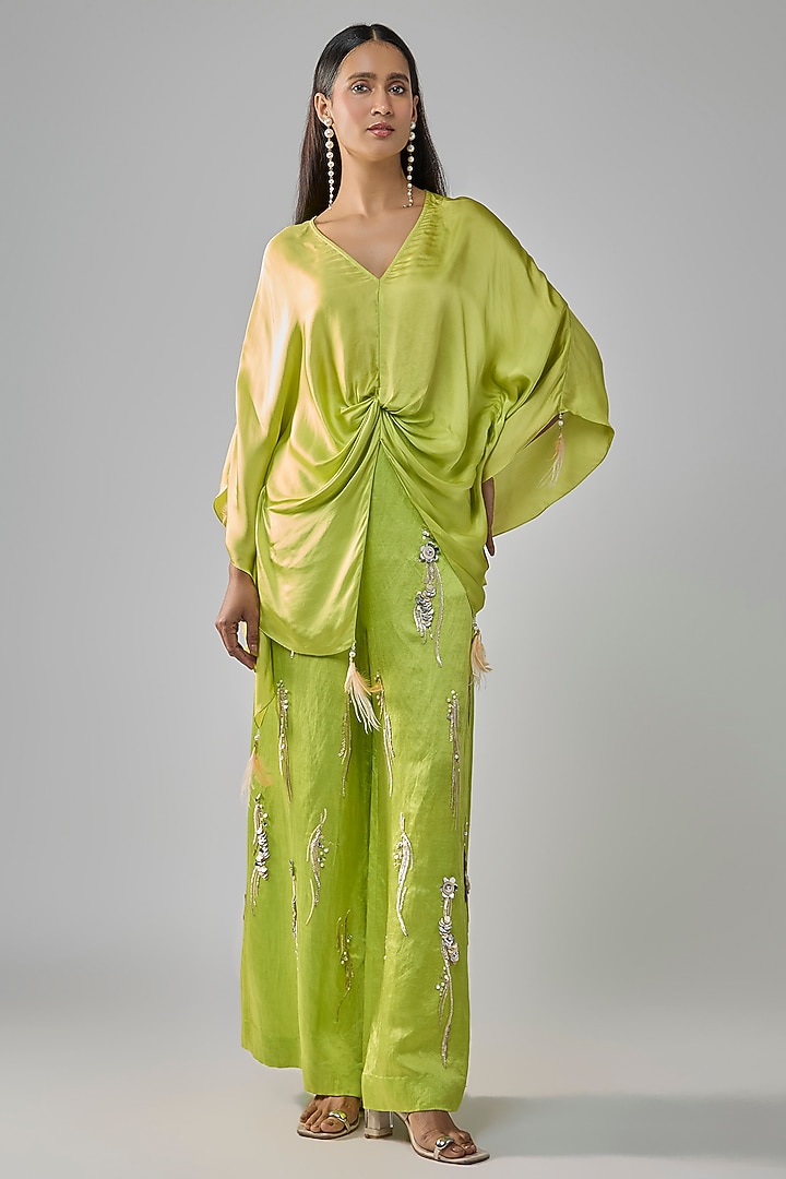 Lime Green Blended Satin Kaftan by Dilnaz Karbhary at Pernia's Pop Up Shop