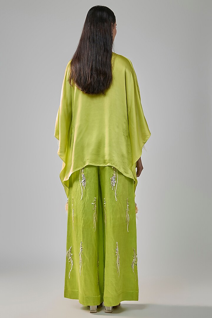 Lime Green Blended Satin Kaftan by Dilnaz Karbhary at Pernia's Pop Up Shop