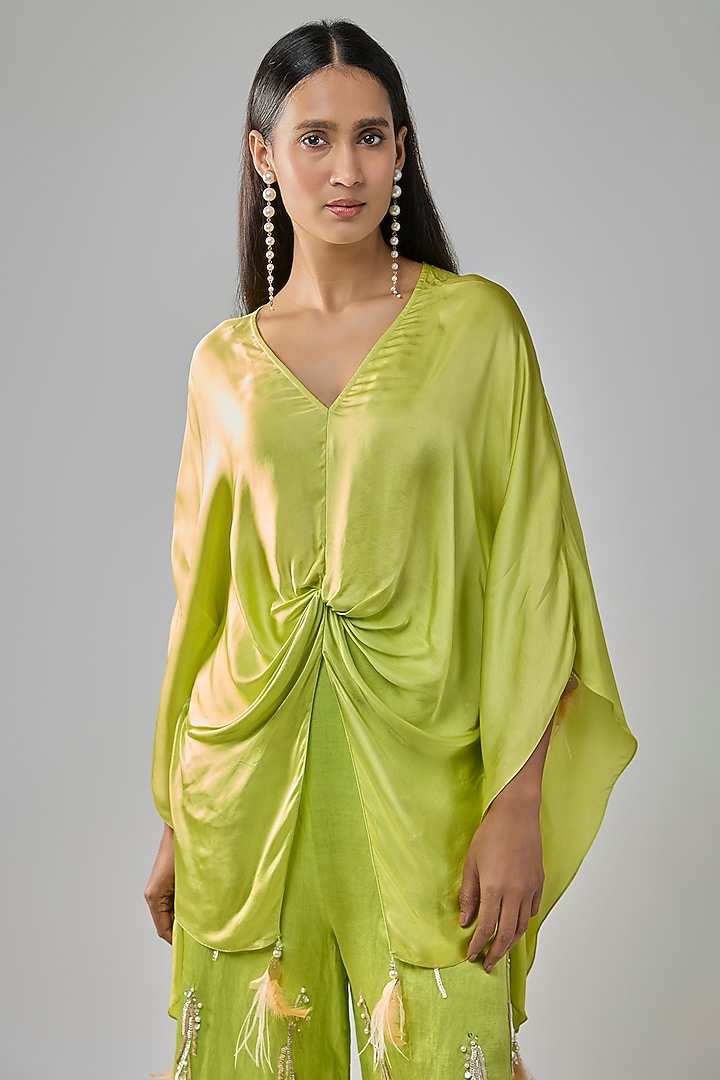 Lime Green Blended Satin Kaftan by Dilnaz Karbhary at Pernia's Pop Up Shop