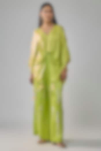 Lime Green Blended Satin Sequin Embroidered Trousers by Dilnaz Karbhary at Pernia's Pop Up Shop
