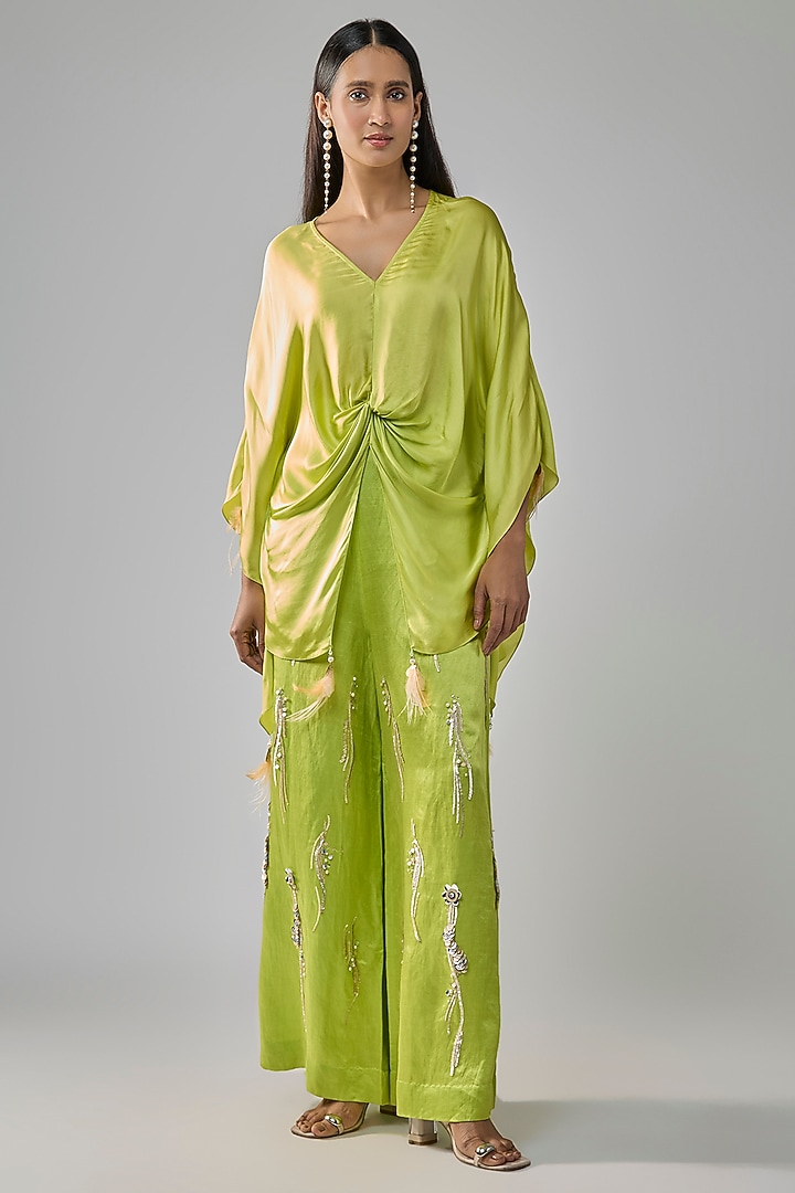 Lime Green Blended Satin Sequin Embroidered Trousers by Dilnaz Karbhary at Pernia's Pop Up Shop