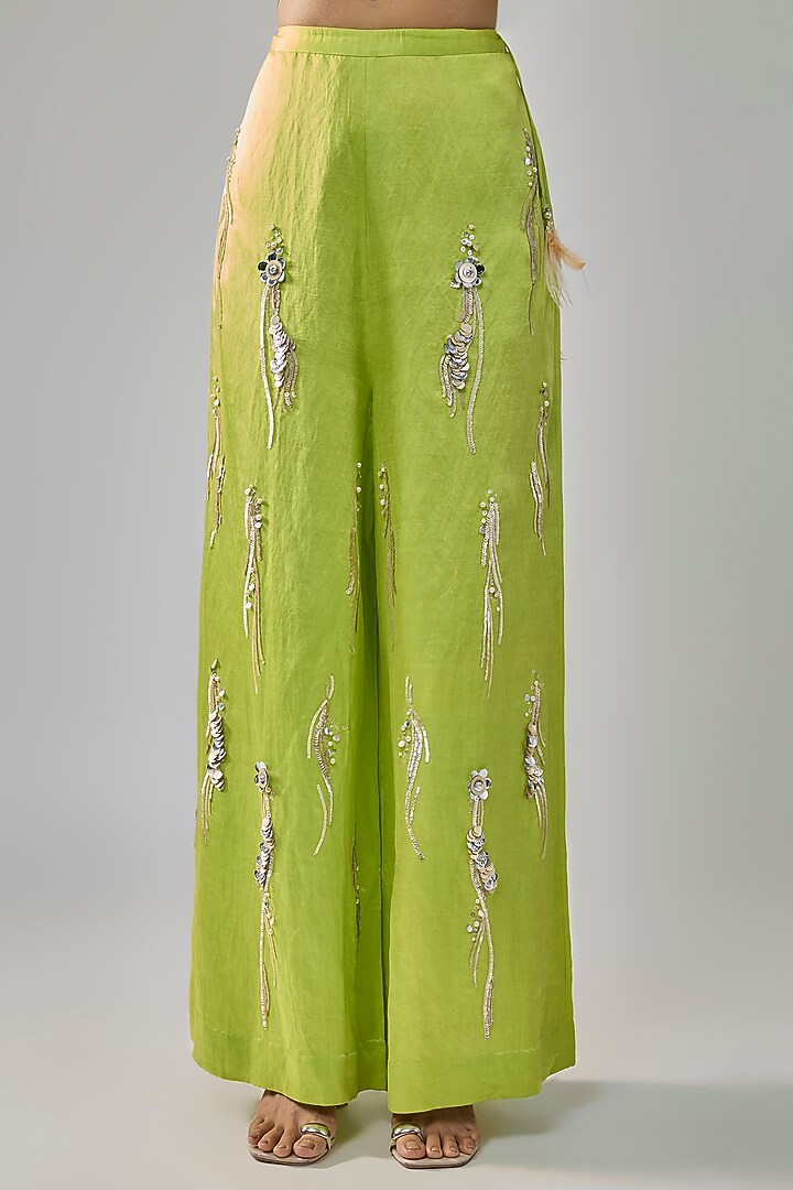 Lime Green Blended Satin Sequin Embroidered Trousers by Dilnaz Karbhary at Pernia's Pop Up Shop