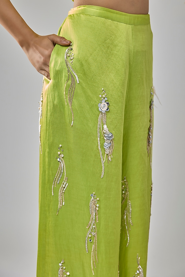 Lime Green Blended Satin Sequin Embroidered Trousers by Dilnaz Karbhary at Pernia's Pop Up Shop