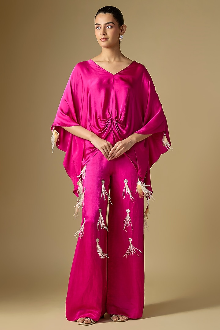 Jamun-Colored Blended Satin Trousers by Dilnaz Karbhary at Pernia's Pop Up Shop