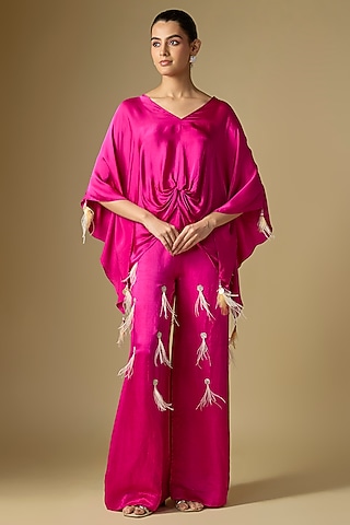 Jamun-Colored Blended Satin Trousers by Dilnaz Karbhary