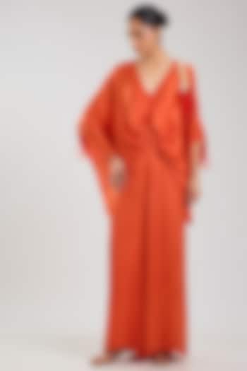 Red Blended Satin Jumpsuit With Kaftan by Dilnaz Karbhary at Pernia's Pop Up Shop