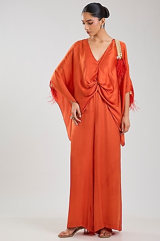 Red Blended Satin Jumpsuit With Kaftan by Dilnaz Karbhary