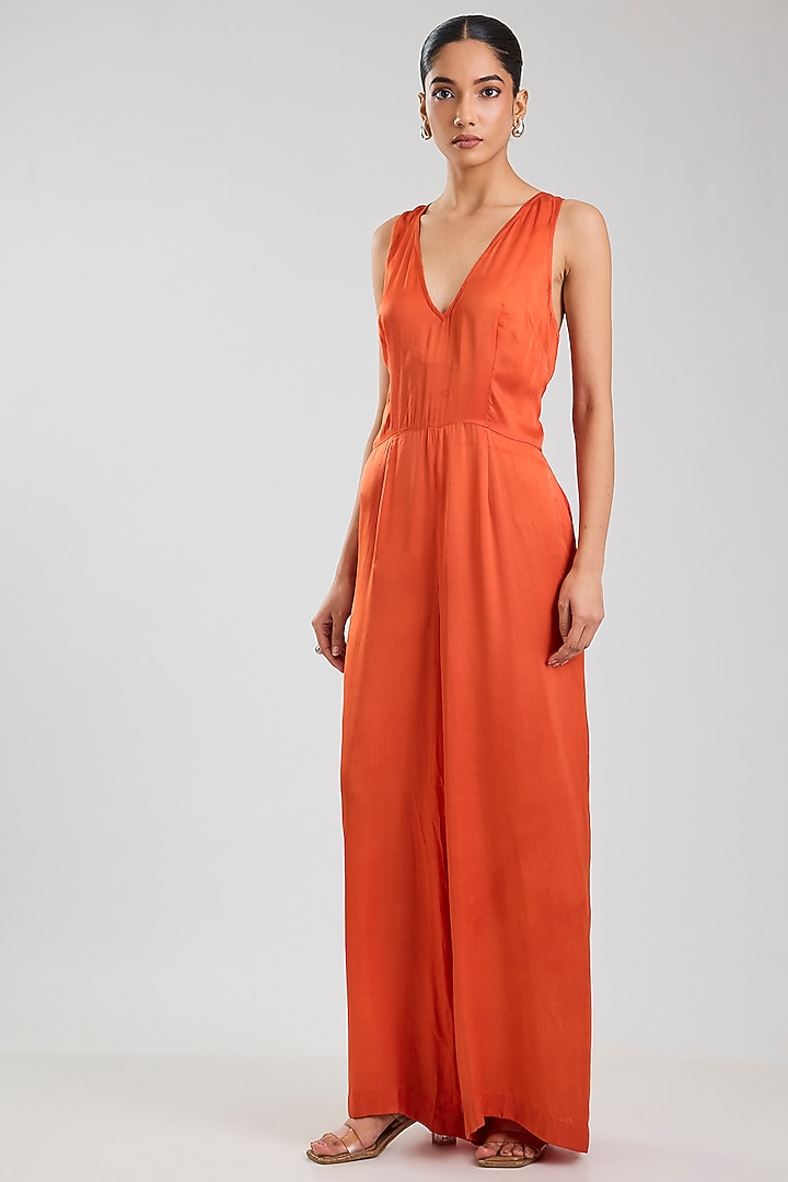 Red Blended Satin Jumpsuit With Kaftan by Dilnaz Karbhary at Pernia's Pop Up Shop