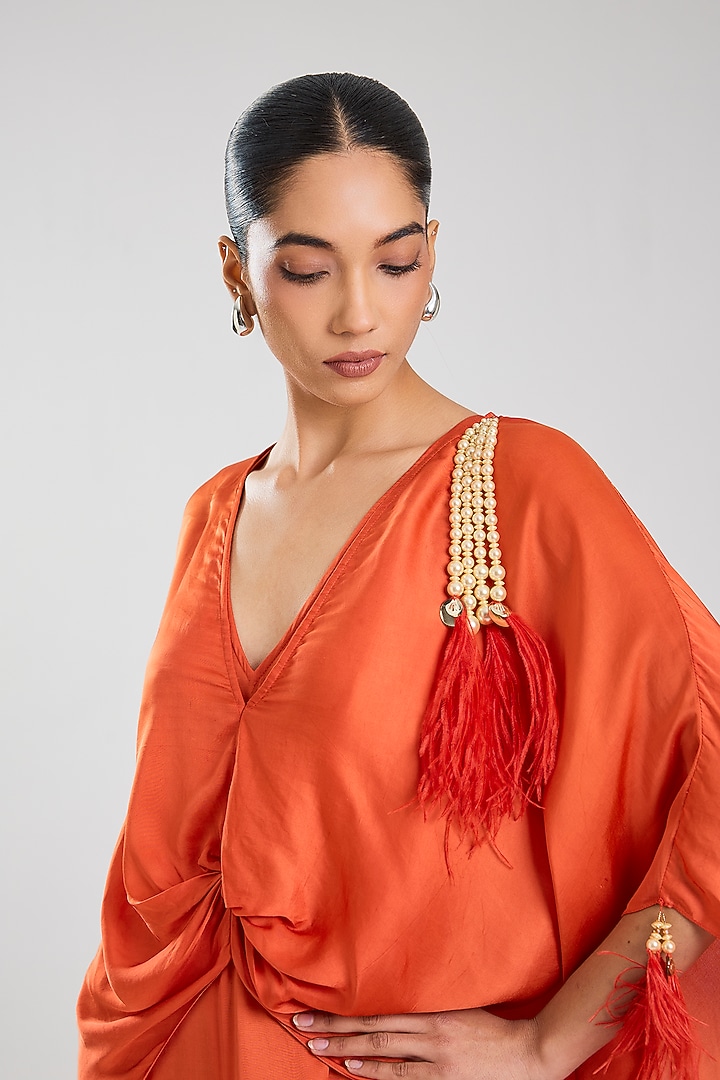 Red Blended Satin Jumpsuit With Kaftan by Dilnaz Karbhary at Pernia's Pop Up Shop