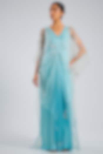 Blue Blended Satin Jumpsuit With Net Kaftan by Dilnaz Karbhary at Pernia's Pop Up Shop