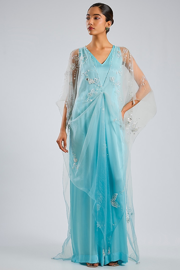Blue Blended Satin Jumpsuit With Net Kaftan by Dilnaz Karbhary at Pernia's Pop Up Shop