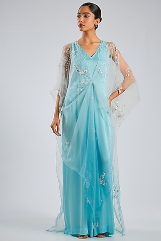 Blue Blended Satin Jumpsuit With Net Kaftan by Dilnaz Karbhary