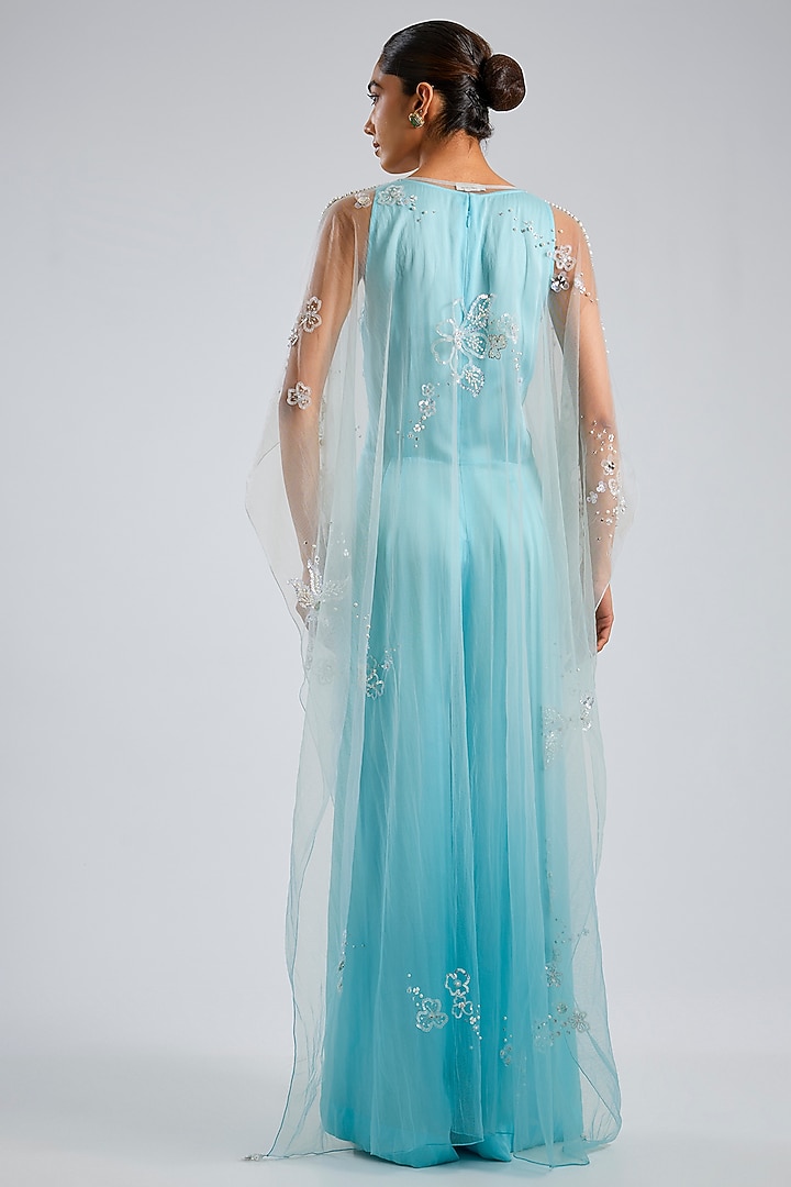Blue Blended Satin Jumpsuit With Net Kaftan by Dilnaz Karbhary at Pernia's Pop Up Shop