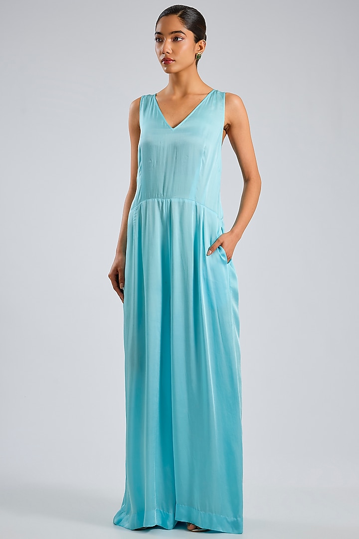 Blue Blended Satin Jumpsuit With Net Kaftan by Dilnaz Karbhary at Pernia's Pop Up Shop
