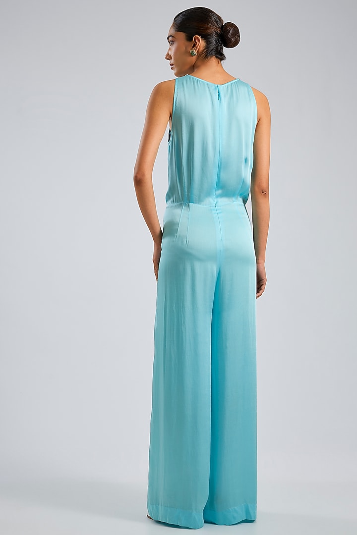 Blue Blended Satin Jumpsuit With Net Kaftan by Dilnaz Karbhary at Pernia's Pop Up Shop