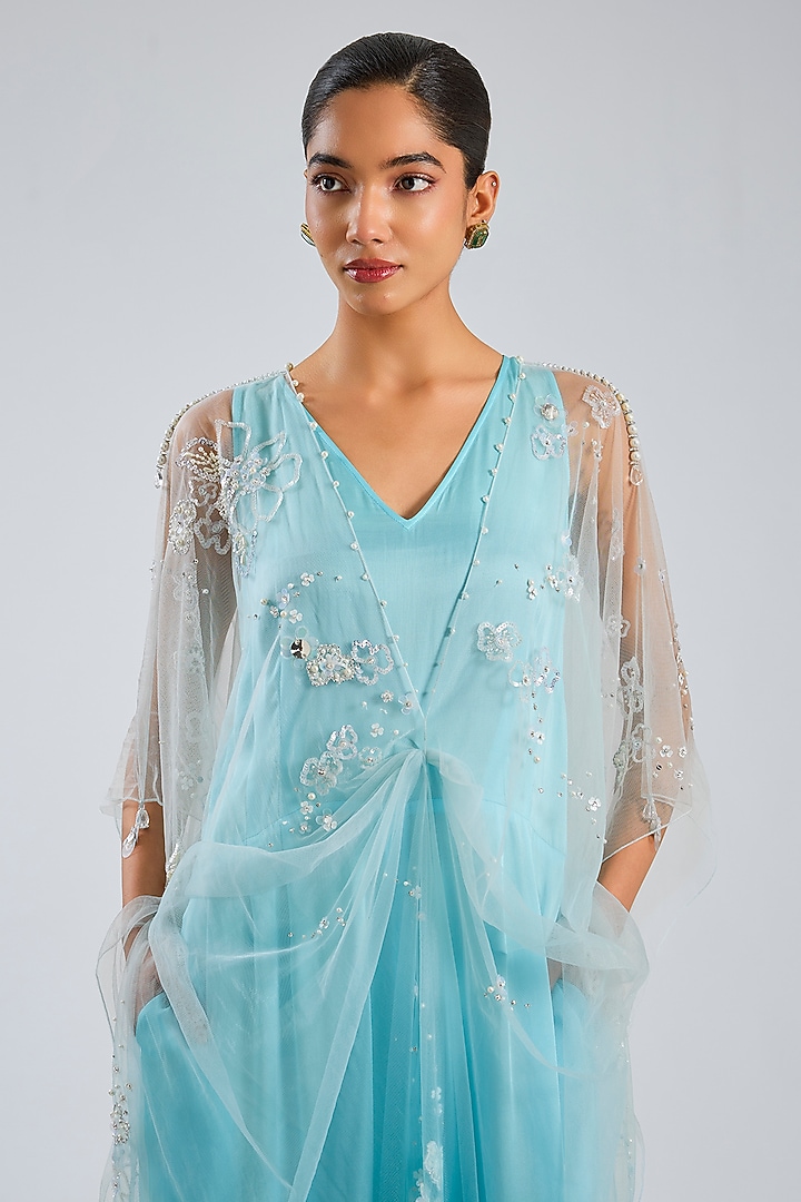 Blue Blended Satin Jumpsuit With Net Kaftan by Dilnaz Karbhary at Pernia's Pop Up Shop