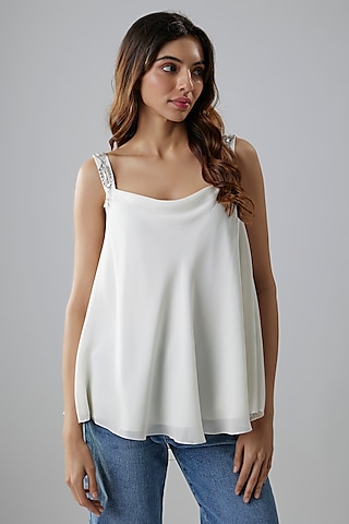 White Net Georgette & Poly Satin Hand Embroidered Camisole by Dilnaz Karbhary