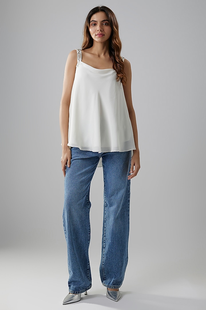 White Net Georgette & Poly Satin Hand Embroidered Camisole by Dilnaz Karbhary at Pernia's Pop Up Shop