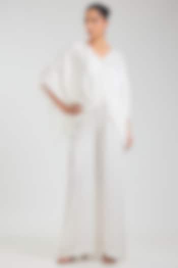 White Blended Satin Jumpsuit With Kaftan by Dilnaz Karbhary at Pernia's Pop Up Shop