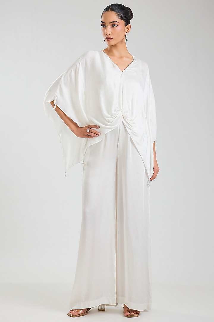 White Blended Satin Jumpsuit With Kaftan by Dilnaz Karbhary at Pernia's Pop Up Shop