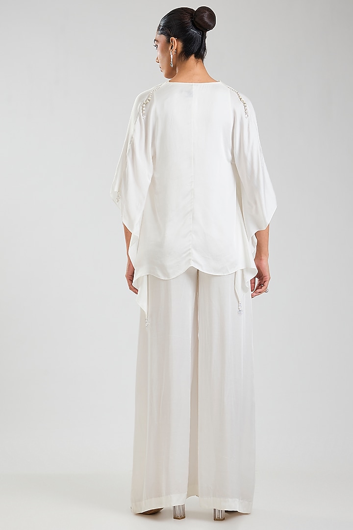 White Blended Satin Jumpsuit With Kaftan by Dilnaz Karbhary at Pernia's Pop Up Shop