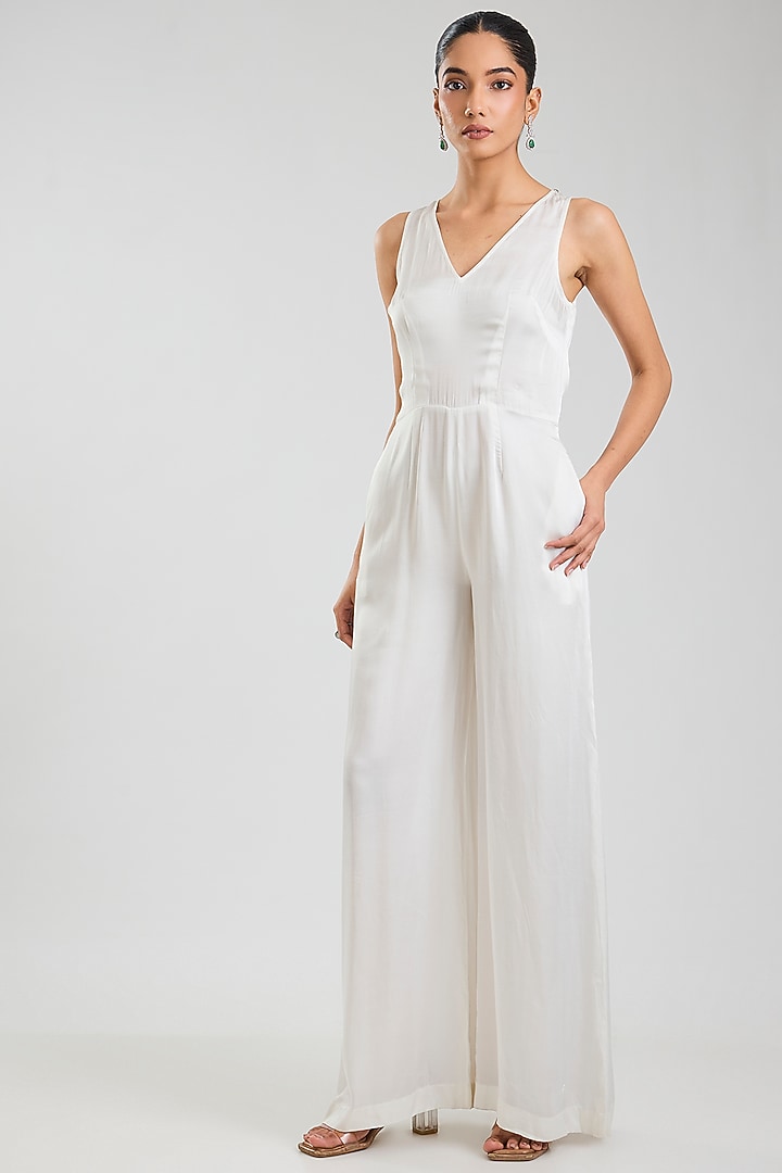 White Blended Satin Jumpsuit With Kaftan by Dilnaz Karbhary at Pernia's Pop Up Shop