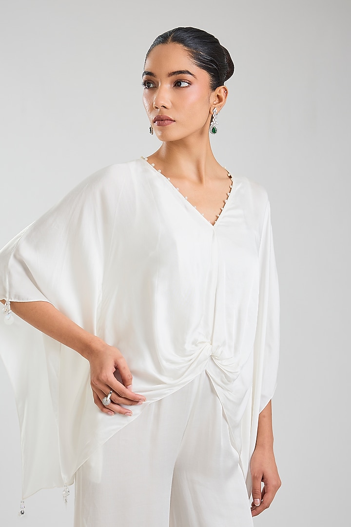 White Blended Satin Jumpsuit With Kaftan by Dilnaz Karbhary at Pernia's Pop Up Shop