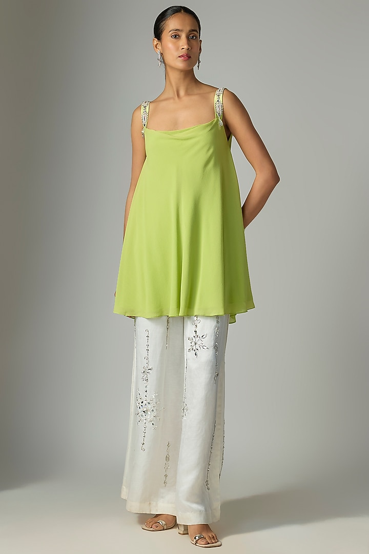Green Georgette & Poly Satin Camisole Vacation Dress by Dilnaz Karbhary at Pernia's Pop Up Shop