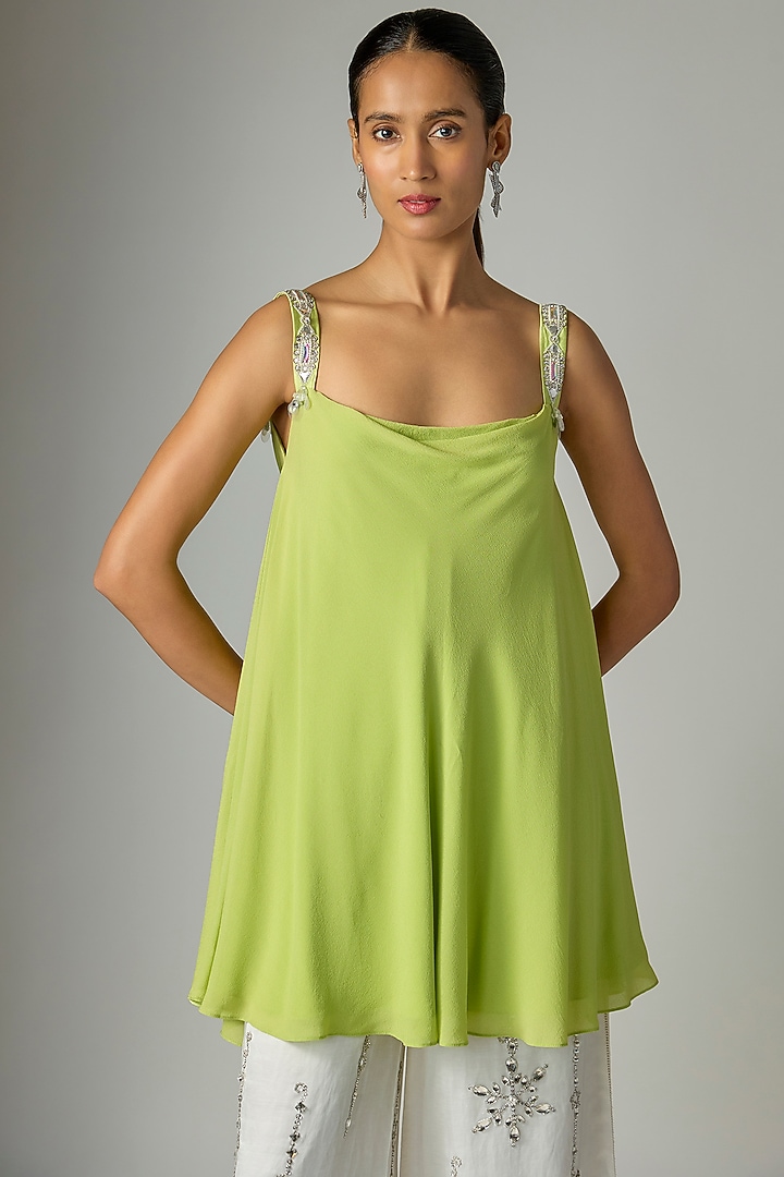 Green Georgette & Poly Satin Camisole Vacation Dress by Dilnaz Karbhary at Pernia's Pop Up Shop