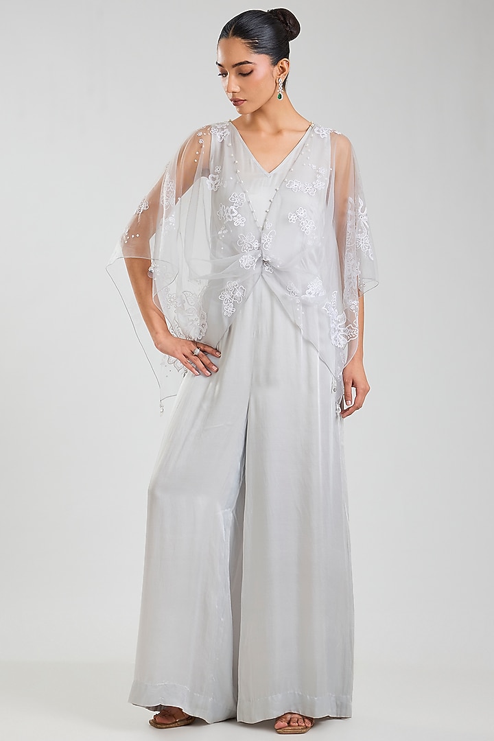 Grey Blended Satin Jumpsuit With Kaftan by Dilnaz Karbhary at Pernia's Pop Up Shop