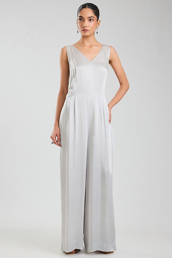 Grey Blended Satin Jumpsuit With Kaftan by Dilnaz Karbhary at Pernia's Pop Up Shop
