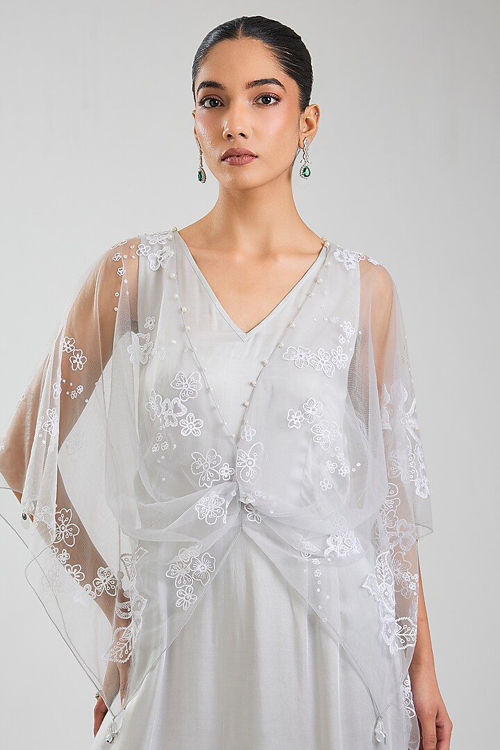 Grey Blended Satin Jumpsuit With Kaftan by Dilnaz Karbhary at Pernia's Pop Up Shop