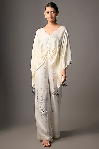 White Blended Linen Trousers by Dilnaz Karbhary