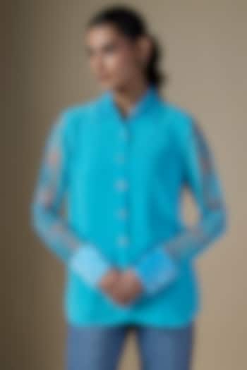 Powder Blue Georgette & Net Shirt by Dilnaz Karbhary at Pernia's Pop Up Shop